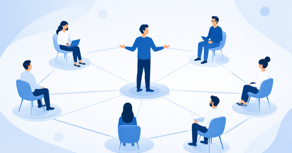 A Scrum Master facilitating an agile team sprint meeting in a modern workplace